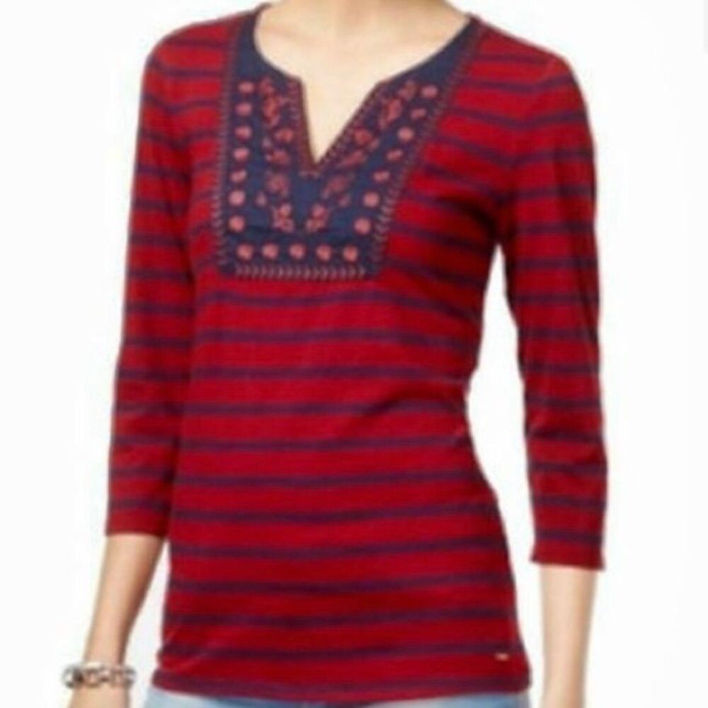 TOMMY HILFIGER Red Navy Embroidered Striped Casual Top Womens Medium